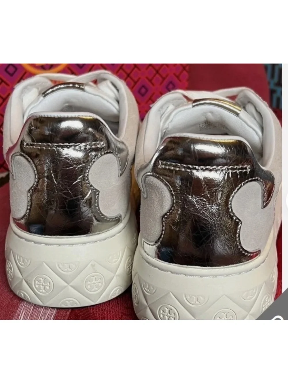 Tory Burch White & Taupe Suede-Trim Platform Sneakers with Metallic Heel - Picture 2 of 5
